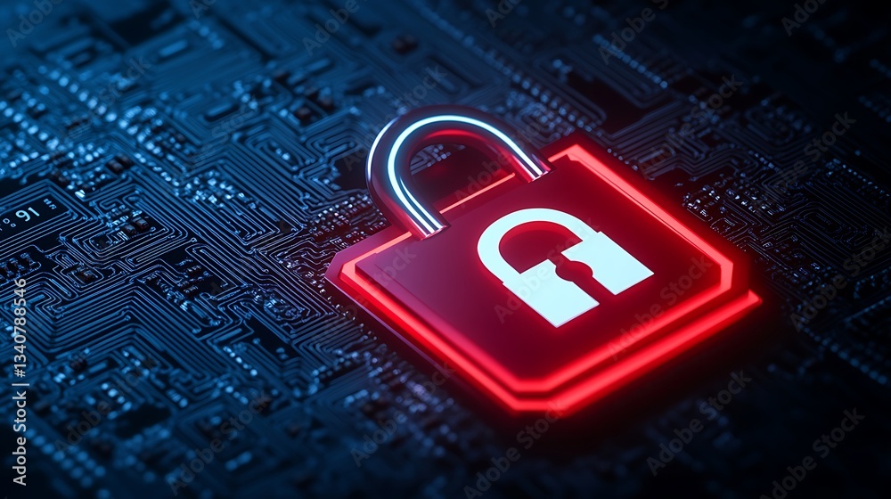 Poster digital security concept with lock symbol on circuit board background for cyber protection and data 
