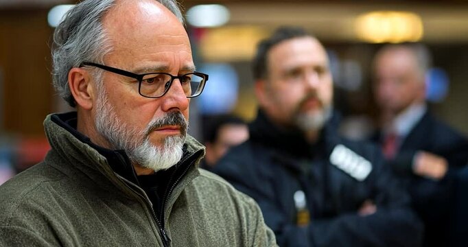 Close up video of a mature man wearing eyeglasses and a olive green jacket, other men in the background. Cinematic lighting and shallow depth of field