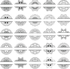 Non Generative AI Images. Set of 25 Split Mandala Vector, decorative, symmetrical, perfect for monograms, logos, engravings, stickers, printing, and digital art.