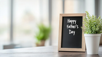 Chalkboard greeting happy father's day resting on rustic wooden surface beside potted greenery, highlighting parental love and connection