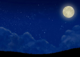 明るい満月と星空のイラスト
