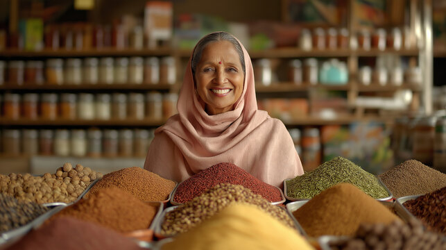 Mature indian woman smiling proudly in her vibrant spice shop, surrounded by colorful herbs and seasonings, highlights local culture and culinary diversity
