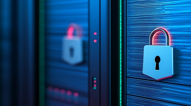 Digital Security Concept with Locked Padlock on Server Rack Highlighting Data Protection and Cybersecurity Measures