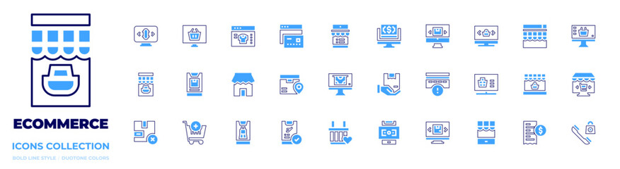 Ecommerce icon collection. Bold line style. Duotone colors. sale, shipping, online marketing, bill, location, card payment, online booking, purchase, skate