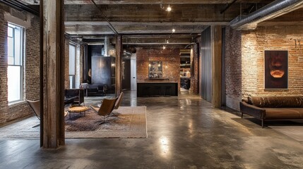 An industrial-style office interior with exposed brick walls, metal accents, and concrete floors