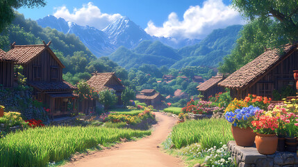 Anime countryside village, peaceful scenery.