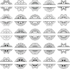 Non Generative AI Images. Set of 25 Split Mandala Vector, decorative, symmetrical, perfect for monograms, logos, engravings, stickers, printing, and digital art.