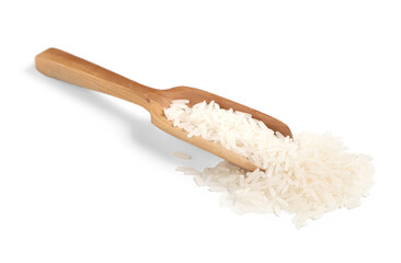 Wooden scoop with raw rice isolated on white background