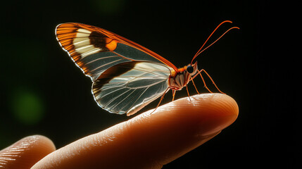 Glasswing Butterfly on Finger Showcasing Delicate Transparent Wings