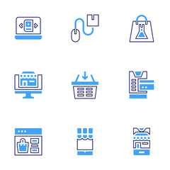 Ecommerce icon set. Bold line style. Duotone colors. Editable stroke. click, shopping basket, online shop, shopping bag, book, online payment, marketplace