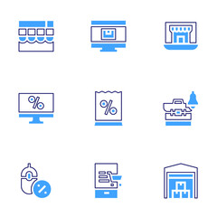 Ecommerce icon set. Bold line style. Duotone colors. Editable stroke. meeting, online shopping, online shop, online, paper bag, warehouse, discount
