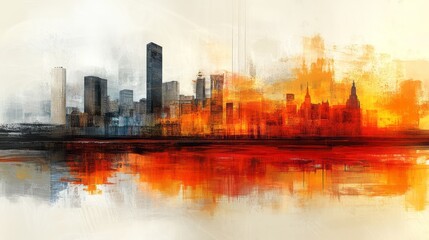 Fototapeta premium Abstract cityscape painting featuring tall buildings and water reflection
