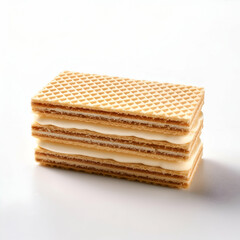 Fototapeta premium A Tempting Stack Of Crispy Wafers Layered With Creamy Vanilla Filling, A Delightful Treat For Any Sweet Craving, Presented On A Bright White Background
