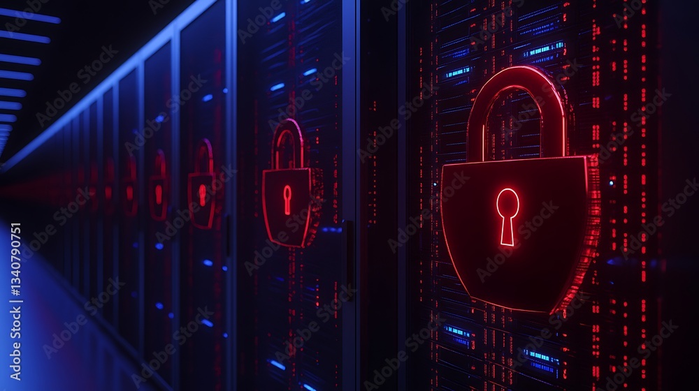 Poster digital security concept with red lock over data servers in a modern data center environment