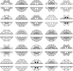 Non Generative AI Images. Set of 25 Split Mandala Vector, decorative, symmetrical, perfect for monograms, logos, engravings, stickers, printing, and digital art.