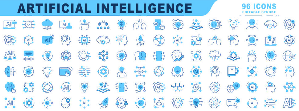 Big set of AI related filled line icons