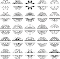 Non Generative AI Images. Set of 25 Split Mandala Vector, decorative, symmetrical, perfect for monograms, logos, engravings, stickers, printing, and digital art.