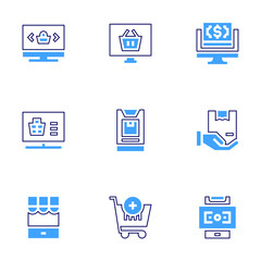 Ecommerce icon set. Bold line style. Duotone colors. Editable stroke. sale, shipping, purchase, online shop, online store, shopping cart, payment, box, online money