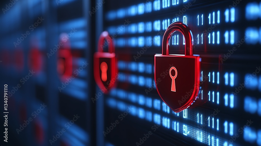 Poster digital security concept with red locks on server data showing cyber protection and data privacy ris