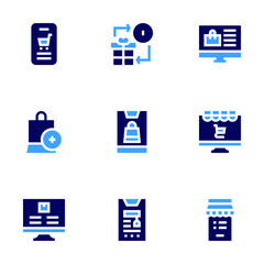 Ecommerce icon set. Bold style. Duotone colors. bag, computer, online shopping, buy online, coupon, gift