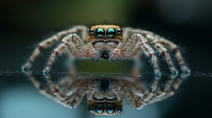 Curious Jumping Spider on Mirror Surface Portrait with Eyes