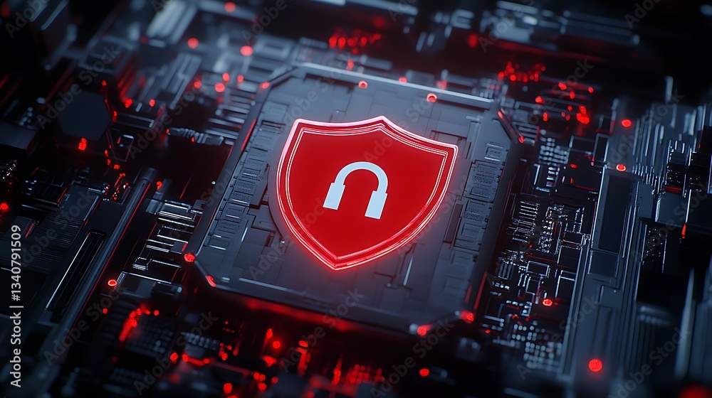 Poster digital security concept with shield and lock symbol in futuristic circuitry background