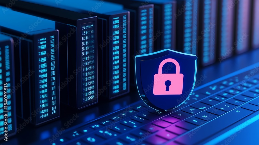 Poster digital security concept with shield and lock icon over computer keyboard and server racks