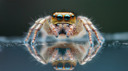 Jumping Spider Portrait on Mirror Surface with Detailed Eyes