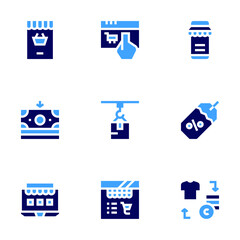 Ecommerce icon set. Bold style. Duotone colors. ecommerce, price tag, online shopping, refund, delivery box, buy