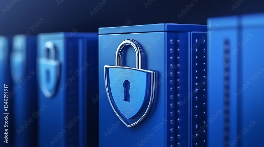 Poster digital security concepts with padlock icons on server units in blue tones for cybersecurity and dat