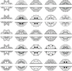 Non Generative AI Images. Set of 25 Split Mandala Vector, decorative, symmetrical, perfect for monograms, logos, engravings, stickers, printing, and digital art.