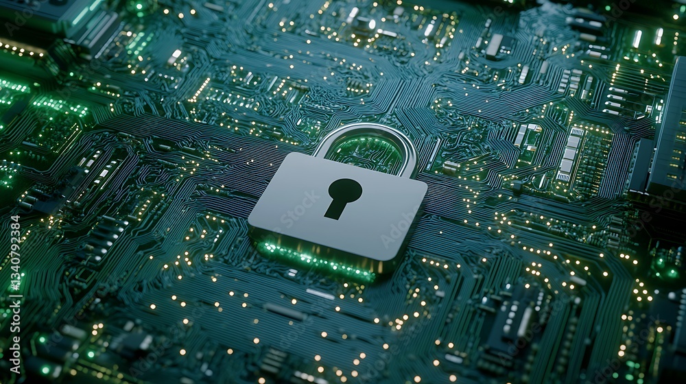 Poster digital security lock over circuit board background representing cybersecurity and data protection c