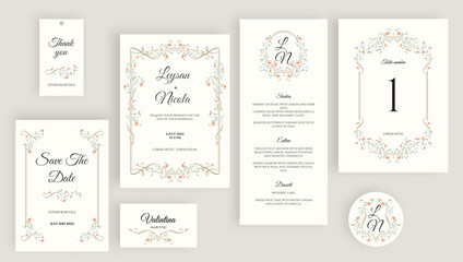 Elegant wedding set. Rectangular frame and oval floral monogram, borders. Place cards, wedding invitation, table number, save the date, thank you card, menu, sticker.