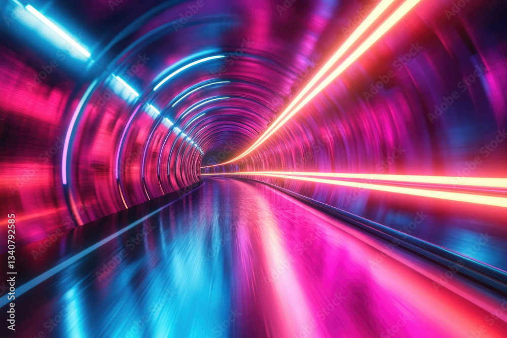 Poster neon-lit tunnel with vibrant pink and blue hues, creating a futuristic and dynamic visual.