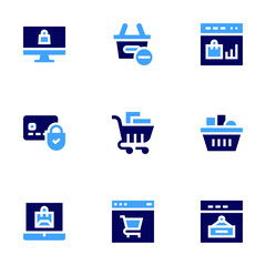 Ecommerce icon set. Bold style. Duotone colors. secure payment, shopping cart, basket, laptop, shopping online, sale, online shopping, minus