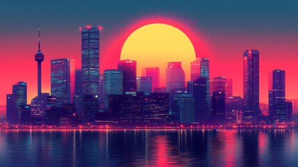 Fototapeta premium Retro cityscape illuminated by a colossal sun reflecting on water