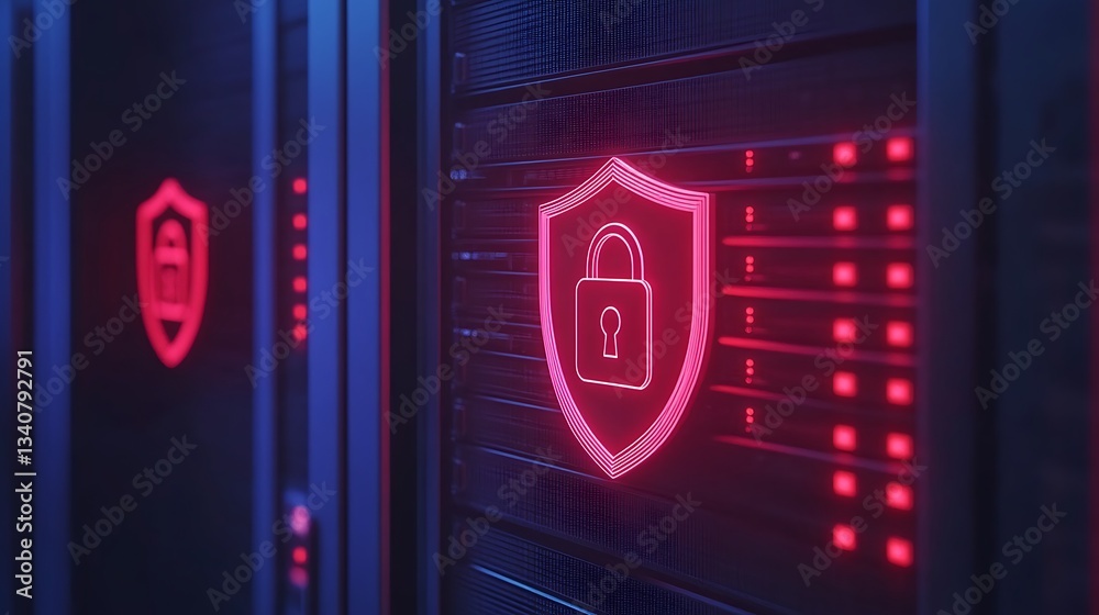 Poster digital security shield icon glowing in red on server racks representing cybersecurity and data prot