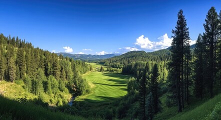 Obraz premium Eagle Idaho Golf Course Banbury: Scenic Landscape with River and Forest View