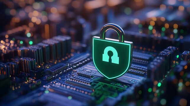 Digital Security Shield Symbol on Circuit Board with Modern Technology Background