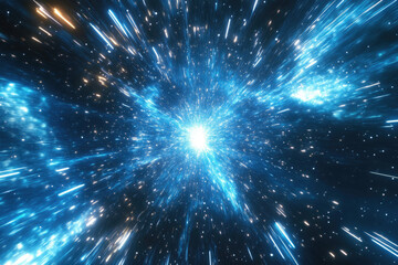 Naklejka premium Hyperspace jump, bright blue energy streaks radiate from a central point, stars and nebulae surround.