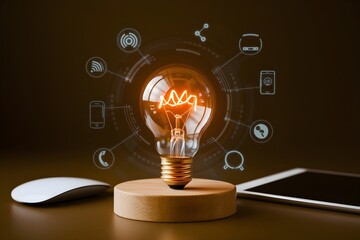 A radiant lightbulb glows, symbolizing innovation and connectivity, enhanced by digital icons and modern tech on a sleek surface. Concept of idea.