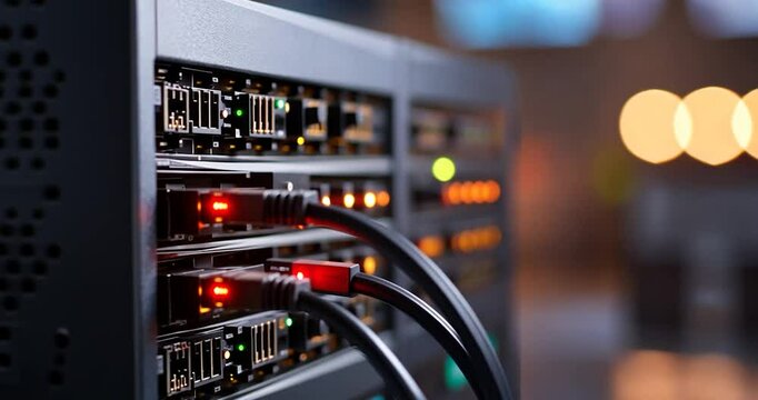 Close-up server rack with numerous connected black cables and illuminated ports in a data center setting. Blurred background with bokeh lights and a warm ambiance