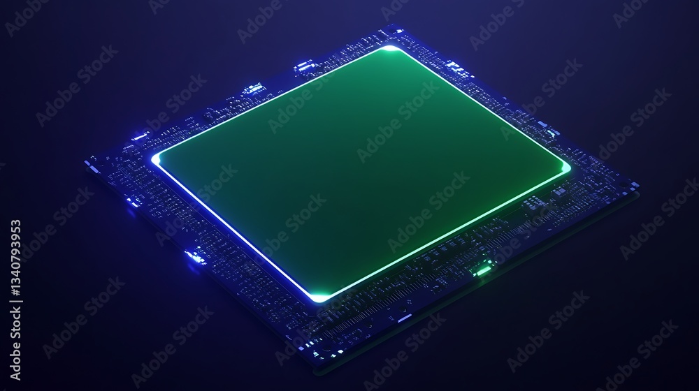 Wall mural futuristic computer processor with glowing edges and sleek design on dark background, showcasing adv