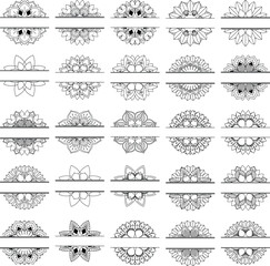 Non Generative AI Images. Set of 25 Split Mandala Vector, decorative, symmetrical, perfect for monograms, logos, engravings, stickers, printing, and digital art.