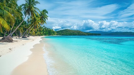 Fototapeta premium Serene tropical beach paradise with turquoise water and swaying palm trees