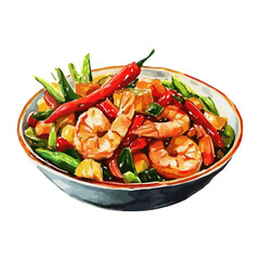 Vegetables red chili peppers background white Stir-fried shrimp vector