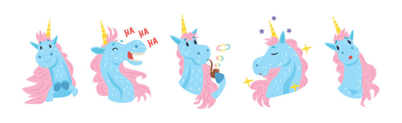 Funny Unicorn Character with Horn and Different Emotion Vector Set