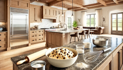 Chocolate Chip Cookie Dough in a Stylish, Modern Kitchen with Shallow Depth of Field