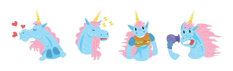 Funny Unicorn Character with Horn and Different Emotion Vector Set