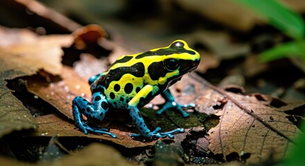 Fototapeta premium A Dyeing Poison Dart Frog (Dendrobates Tinctorius, or Similar Large, Boldly Patterned Species) Foraging Amongst Vibrant Leaf Litter on a Rainforest Floor